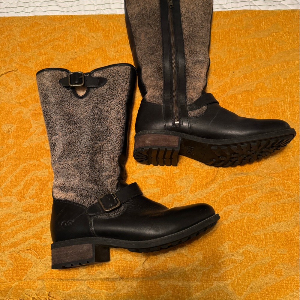 UGG Black Leather and Brown Women's Winter Boots with Shearling Lining